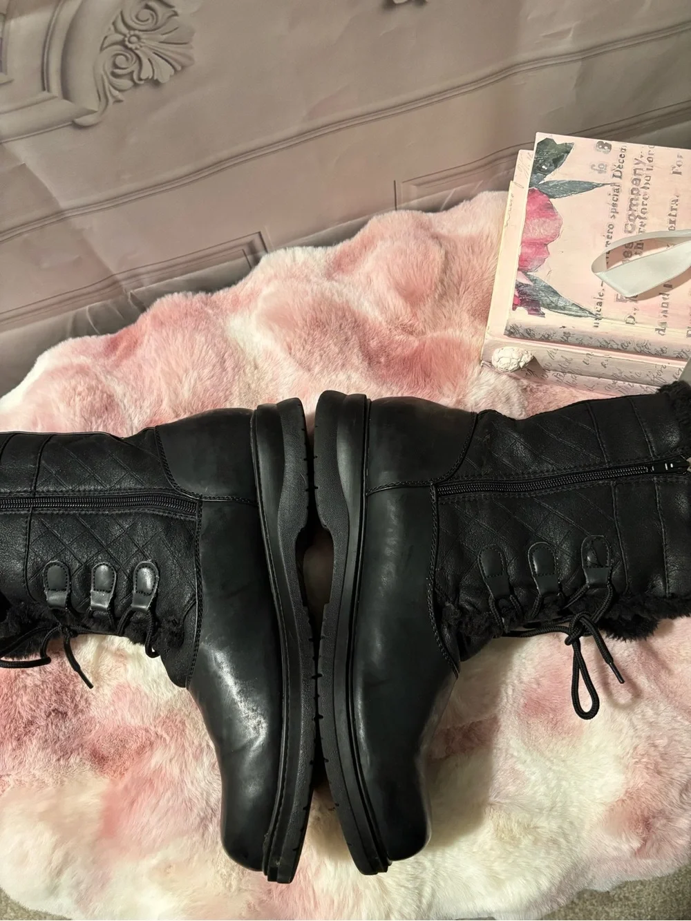 Rugged Outback Women's Black Faux Fur Winter Lace-Up Boots, Size 12W